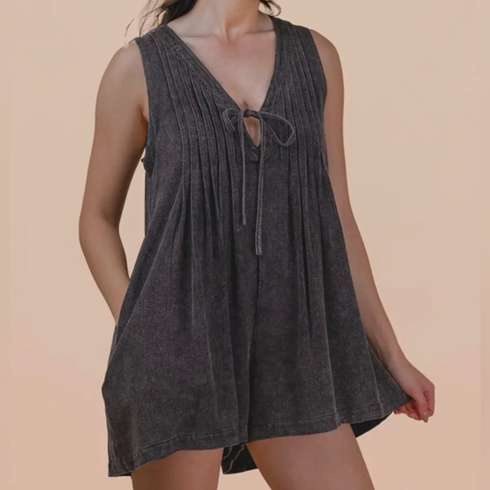 Mineral Washed Pleated Romper - Black